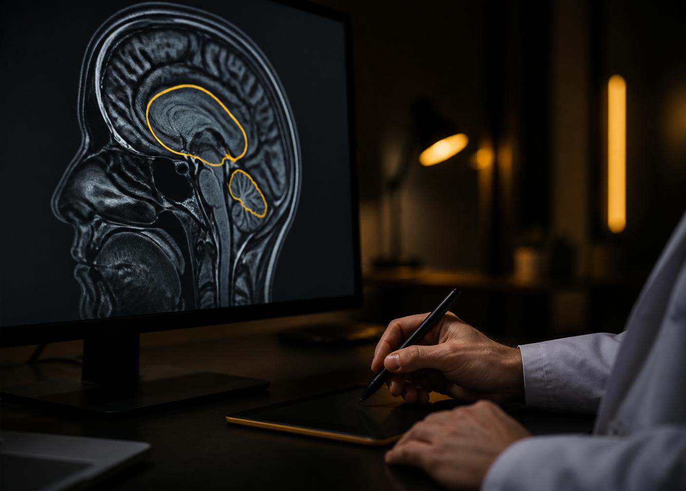 Radiologist annotating a brain MRI on a graphics tablet